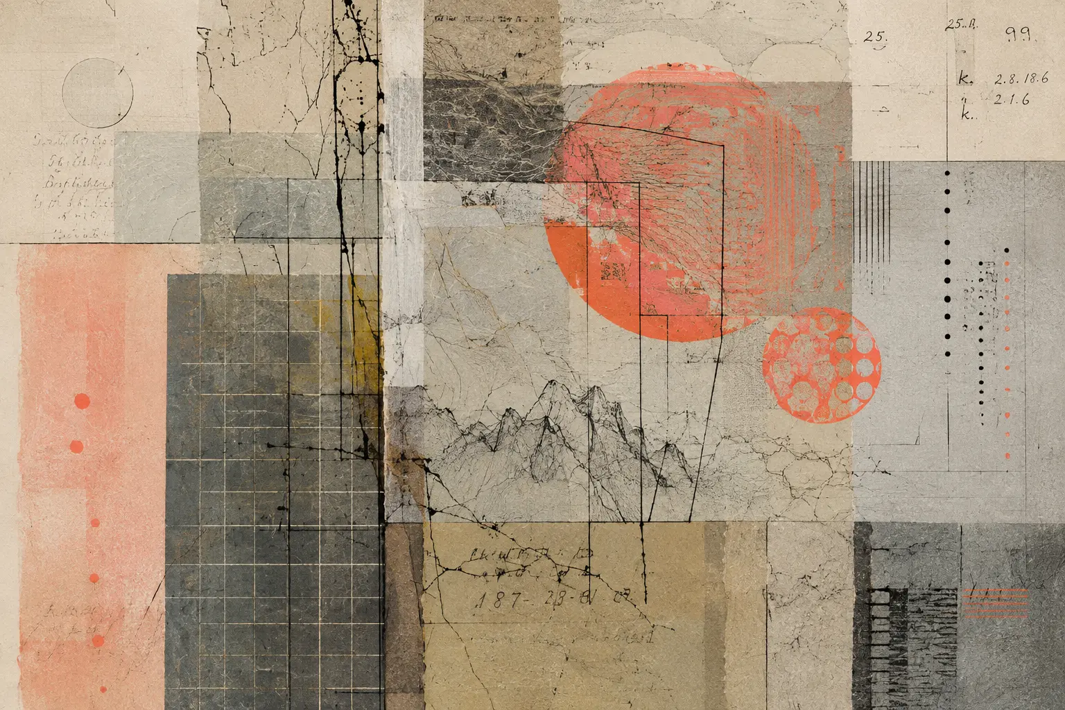 Abstract archival collage of greys, creams, and topographic marks interrupted by a bright coral field