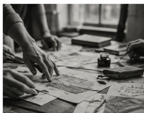 Black and white photograph of hands working together over drawings, books, and an ink bottle on a table
