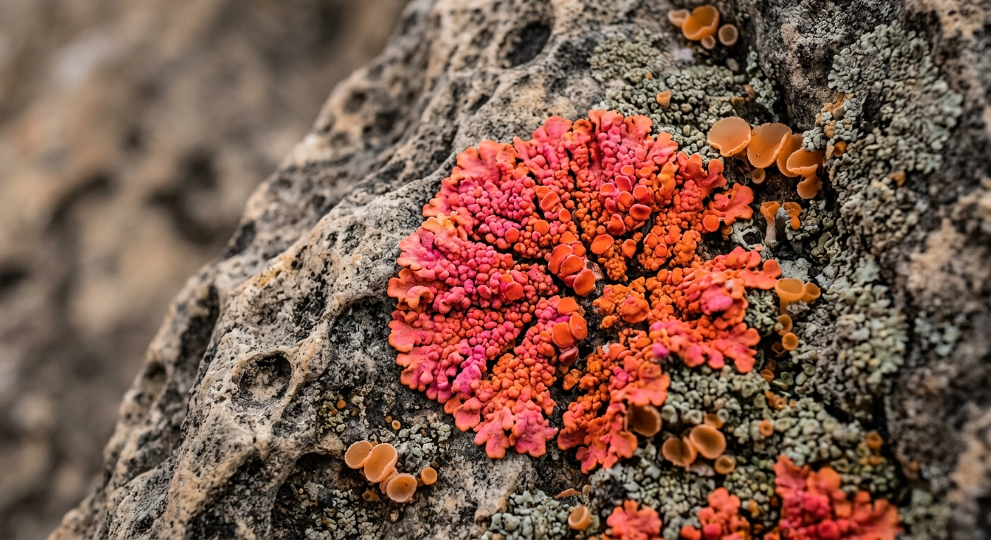 Coral and orange lichen colonies spreading in sculptural forms across weathered stone