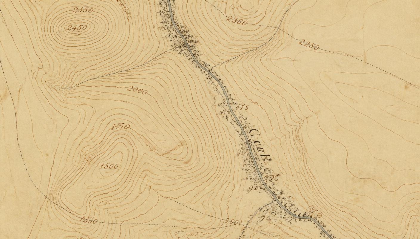 Fragment of an antique topographic survey map showing contour lines and a creek
